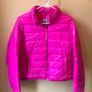 Bright pink puffer jacket